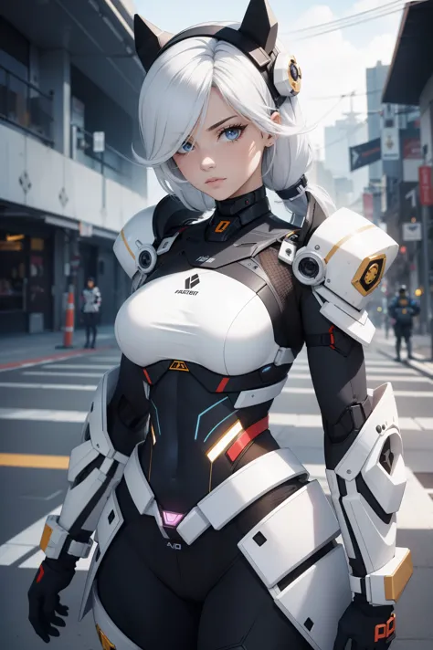 Mulher Alafed em traje futurista posando para foto, Em armadura branca futurista, girl with mecha cybernetic armor, Unreal engin...