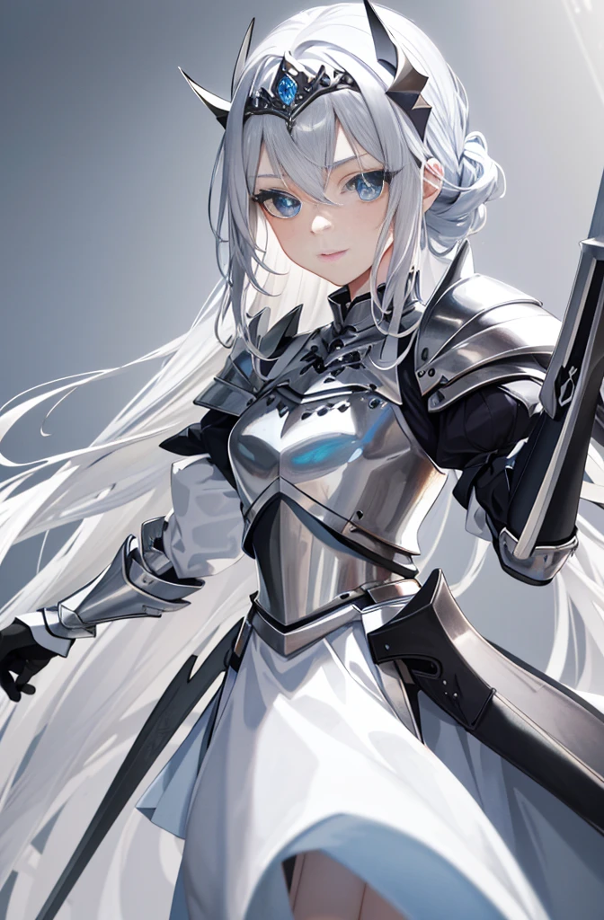 Lazy wind，Slender blue eyes，long eyelashes、silver hair，long ponytail，Silver tiara，maiden，white tone，1 girl，alone，adorable，Exquisite facial details，Troubled laughter，female knight，Noble Armor，big sword，