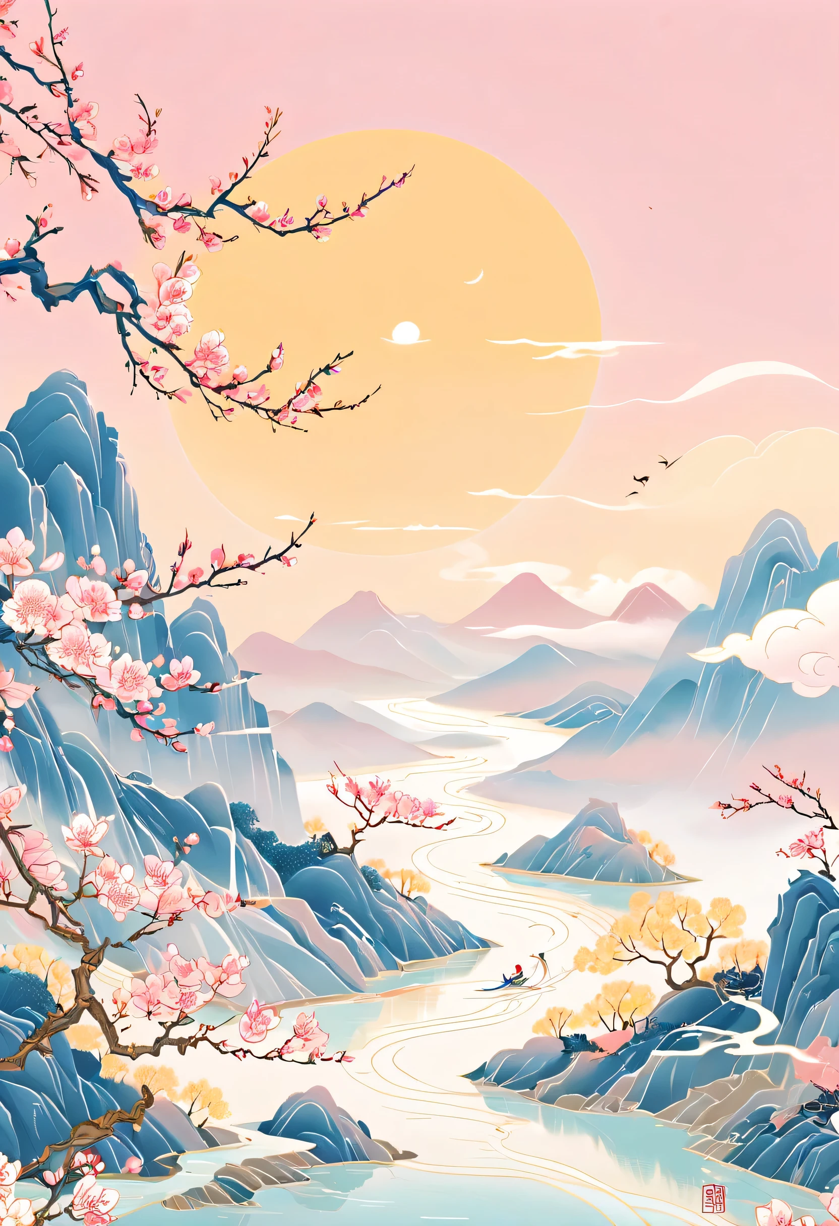 Belles images, lignes fines，(Composition du nombre d&#39;or), (Nombre d&#39;or),minimalisme，bleu  mountain, rivière, arbre,rose peach blossom, printemps, Ciel, soleil jaune，nuage, dessin animé, illustration plate，Style national，style chinois，GCCH，bleu，rose
