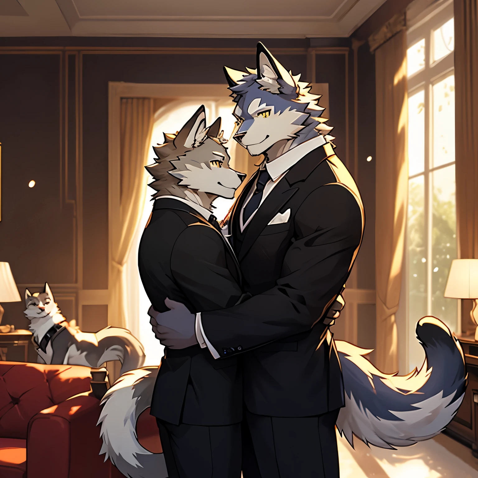 duo, kemono, (cat), anthro (cat), ((yellow and white cat)), seductive smile, richman suit anthro, male, anthro male (husky), anthro (husky), ((gray husky)), confused, tail, handsome, butler suit, living room, depth of field, perfect lighting, (light particles),(best quality),(masterpiece),(ultra detailed),sharp focus, light particles, cute, living room background, fur, good looking, ((Cat hugging Husky)),