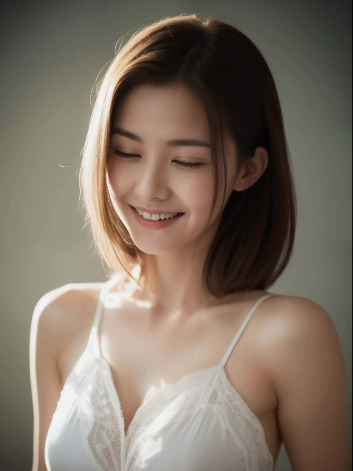 Beautiful 23 year old woman。she is wearing a satin camisole。Lace on the  chest and