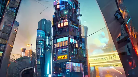 big building ofice elegant cyberpunk ,pov street