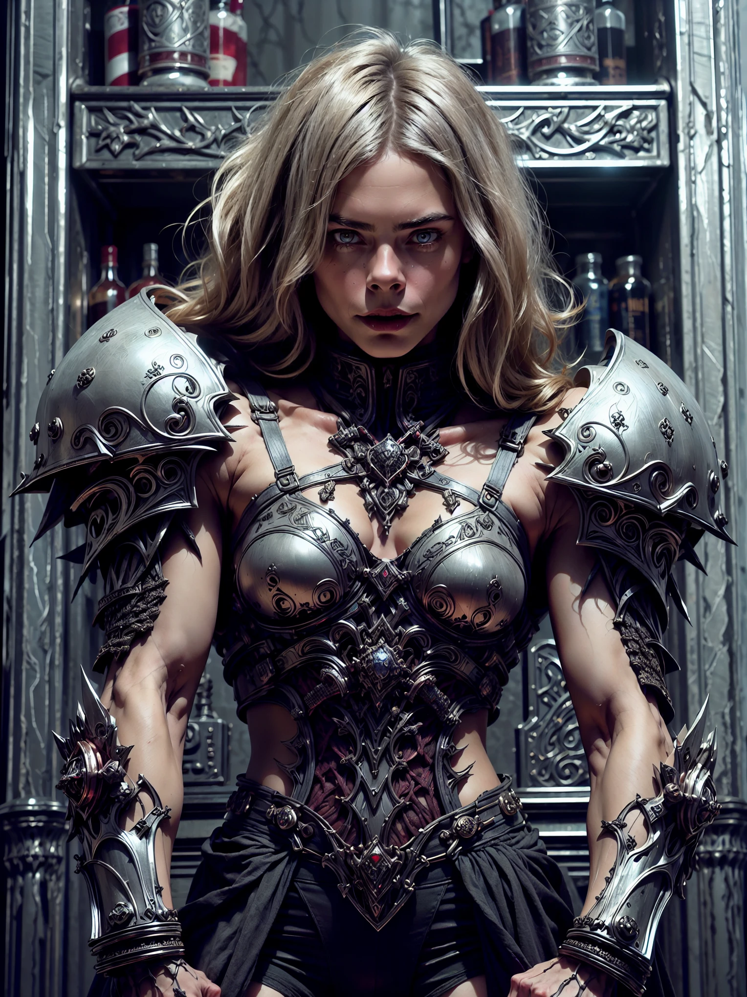 (1 girl), (cara delevingne:1.25), (pure white skin:1.25), Beautiful vampire girl dressed in ornate medieval vampiric full body armor, (perfect fingers:1.24), (extreme muscular definition:1.5), (vampiric body armor:1.25), (huge muscular arms:1.5,) (10-pack abs:1.4), (lots of veins:1.25), Ultra Realistic, Very detailed face and eyes, a true masterpiece, with an atmosphere of horror, gothica, blood, haunted cathedrals