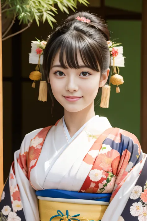 one beautiful japan model, 18 year old female model,  4k、super high quality、bangs、black haired、kyo yuzen、(kimono, furisode、japan...