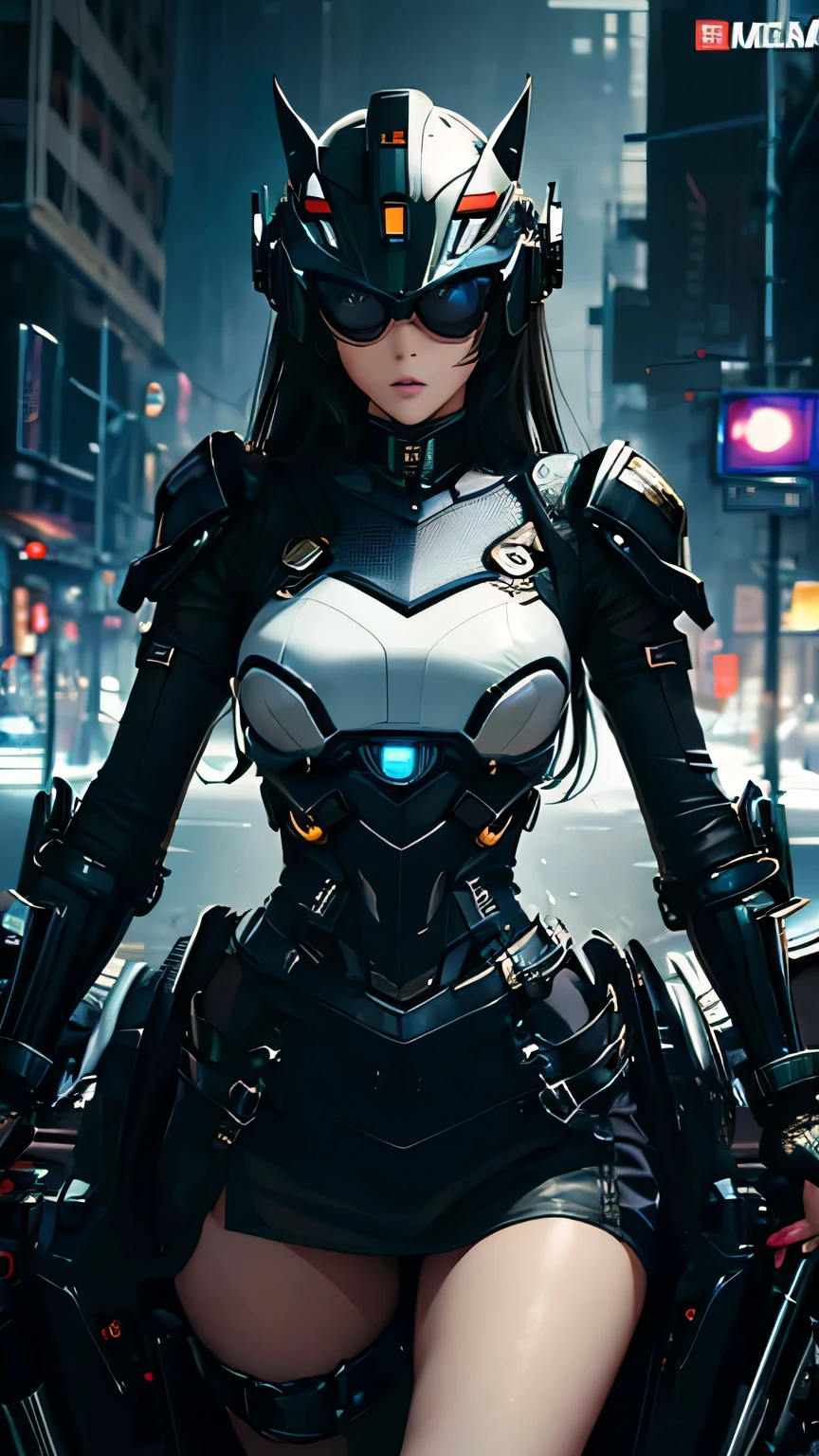 best image quality, excellent details, 超High resolution, (fidelity: 1.4), best illustrations, Favor details, 1girls high concentration, With a delicate and beautiful face, dressed in black and white mecha, Wearing a mecha helmet, Have a direction controller, riding on motorcycle, the background is a high-tech lighting scene of the futuristic city. masterpiece, 最high quality, high quality, High resolution, (portrait)