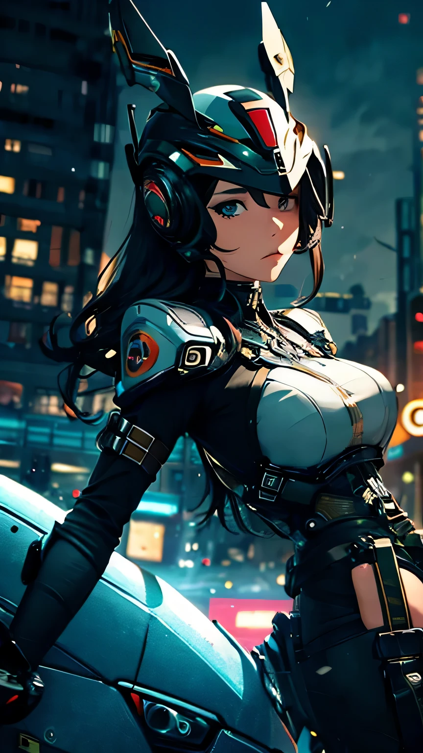 best image quality, excellent details, 超High resolution, (fidelity: 1.4), best illustrations, Favor details, 1girls high concentration, With a delicate and beautiful face, dressed in black and white mecha, Wearing a mecha helmet, Have a direction controller, riding on motorcycle, the background is a high-tech lighting scene of the futuristic city. masterpiece, 最high quality, high quality, High resolution, (portrait)