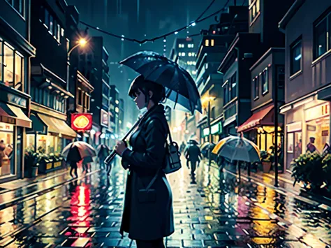 a pixelated city street scene at night. it's raining and the street is wet. there are buildings on both sides of the street with...