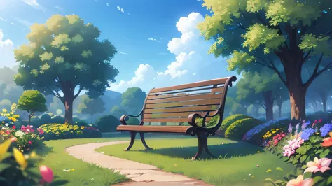 The background is a park、road、squirt、blue sky、Plants、grass、bench