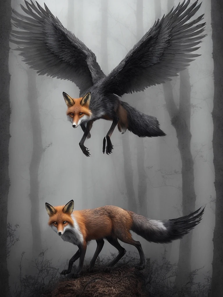 [fox:wings:0.65], intricate majestic, dark foggy forest, colorful