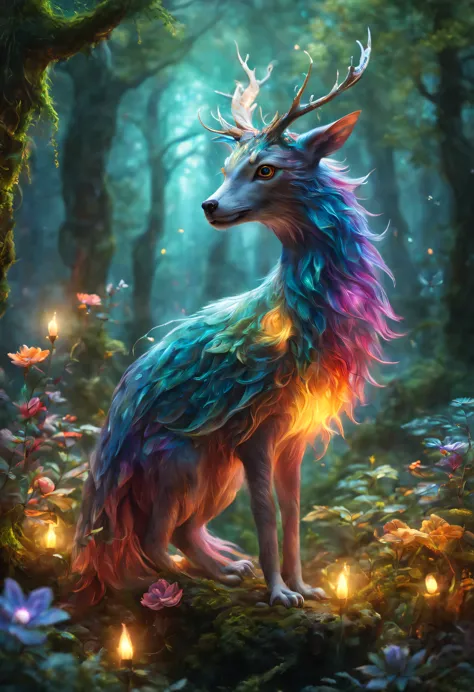 Magical creatures in the mysterious forest, energetic colors, fantasy elements, mysterious magic, dream colors, magical world, W...