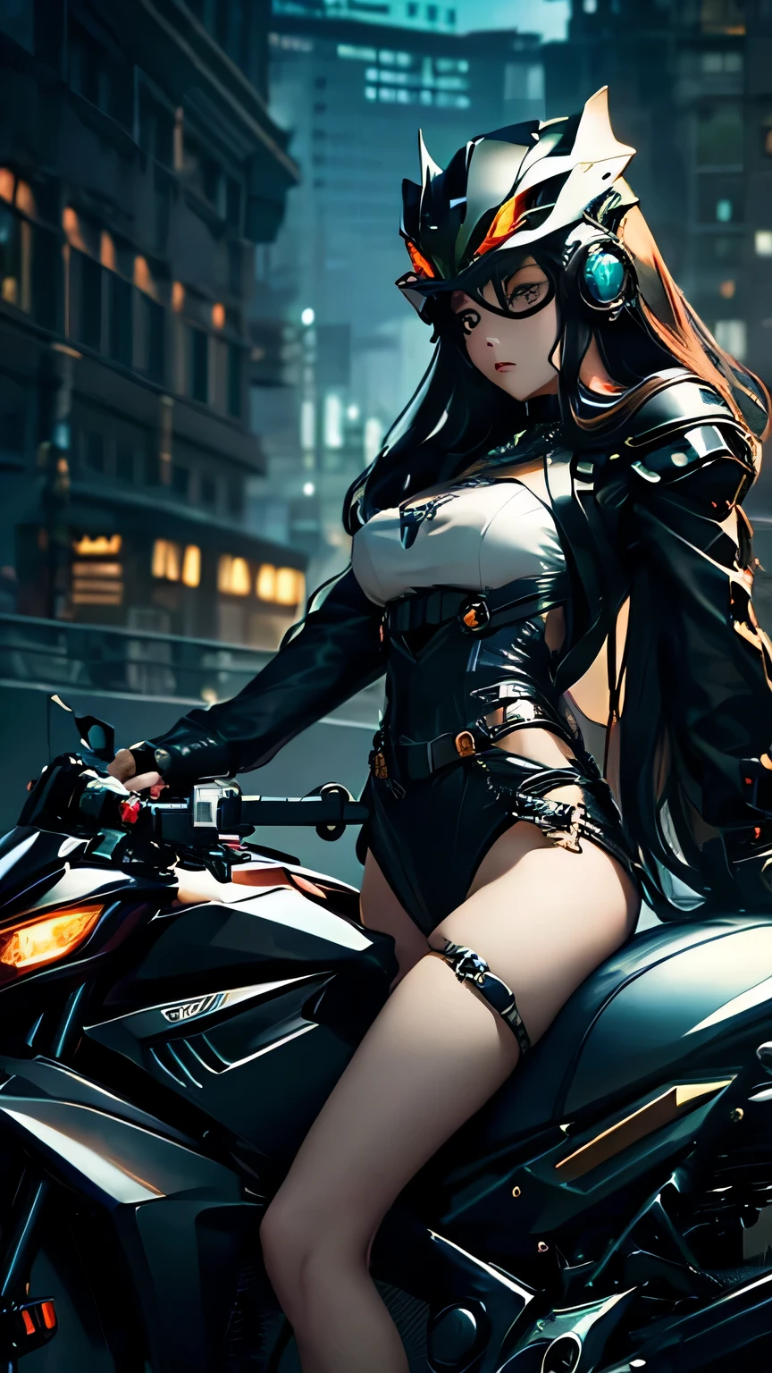best image quality, excellent details, 超High resolution, (fidelity: 1.4), best illustrations, Favor details, 1girls high concentration, (With a delicate and beautiful face), dressed in black and white mecha, Wearing a mecha helmet, Have a direction controller, ((ride a mechanical bike)), the background is a high-tech lighting scene of the futuristic city. masterpiece, 最high quality, high quality, High resolution, (portrait)