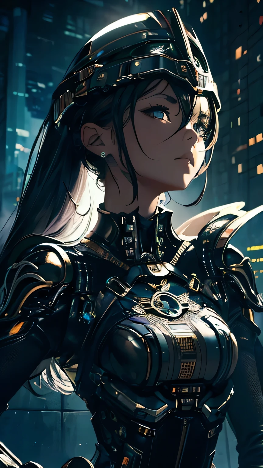 best image quality, excellent details, 超High resolution, (fidelity: 1.4), best illustrations, Favor details, 1girls high concentration, With a delicate and beautiful face, dressed in black and white mecha, Wearing a mecha helmet, Have a direction controller, ride a mechanical bike, the background is a high-tech lighting scene of the futuristic city. masterpiece, 最high quality, high quality, High resolution, (portrait)