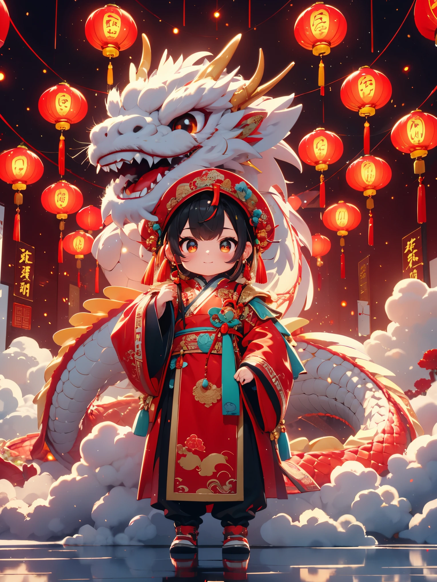 (tout le corps:1.5)，1 fille super mignonne，Porter un chapeau de dragon chinois en peluche，Année chinoise du dragon，gros yeux，Décoration de pièces d&#39;or，Animations Pixar，Conception IP，Détails ultra-fins，résine，Rendu oc de la meilleure qualité，Fort effet de lumière，fond rouge uni，ultra-détaillé , Rendu 3D, HD, 8k