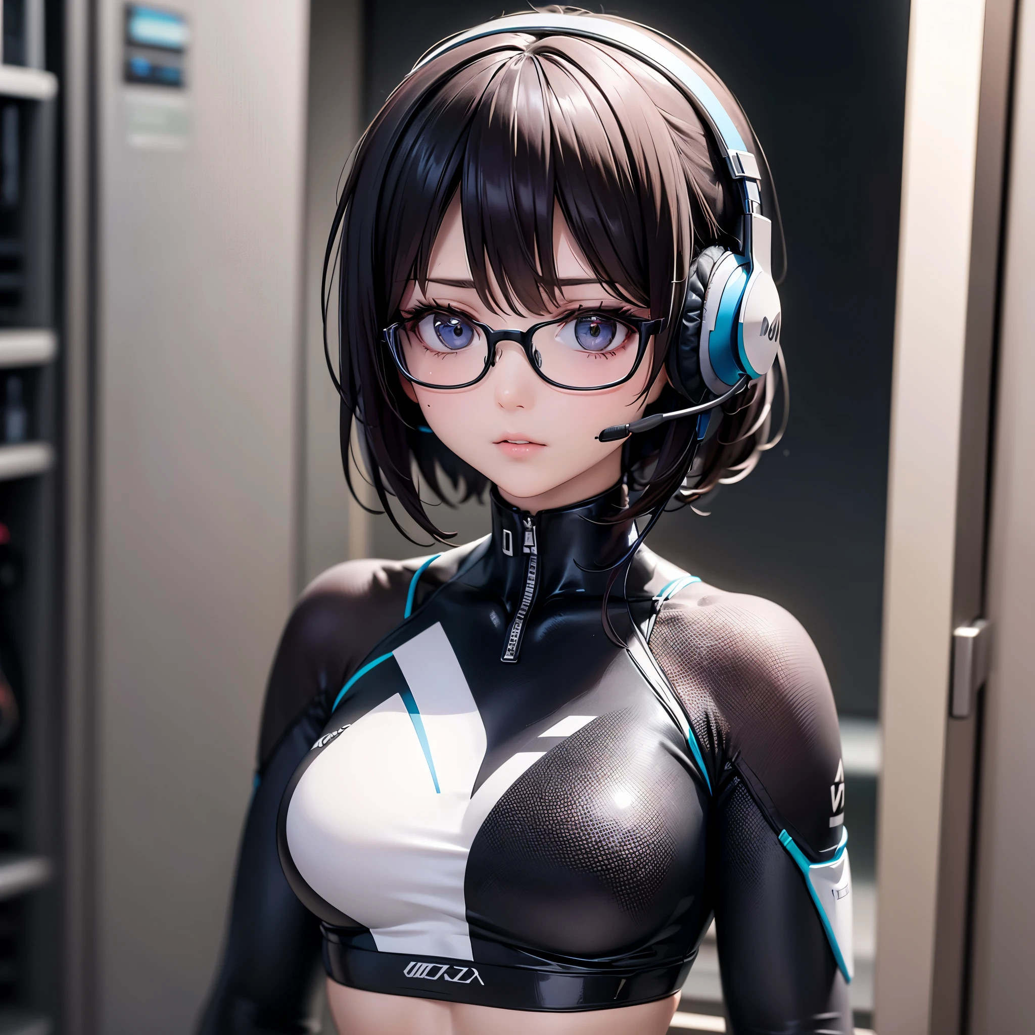 masterpiece, best quality, highly detailed illustration, detailed beautiful face, perfect anatomy, photo realistic,
woman，tight suit，Wear glasses，He has a troubled look on his face，wearing a headset microphone、operating with a tablet、I&#39;m in the server room