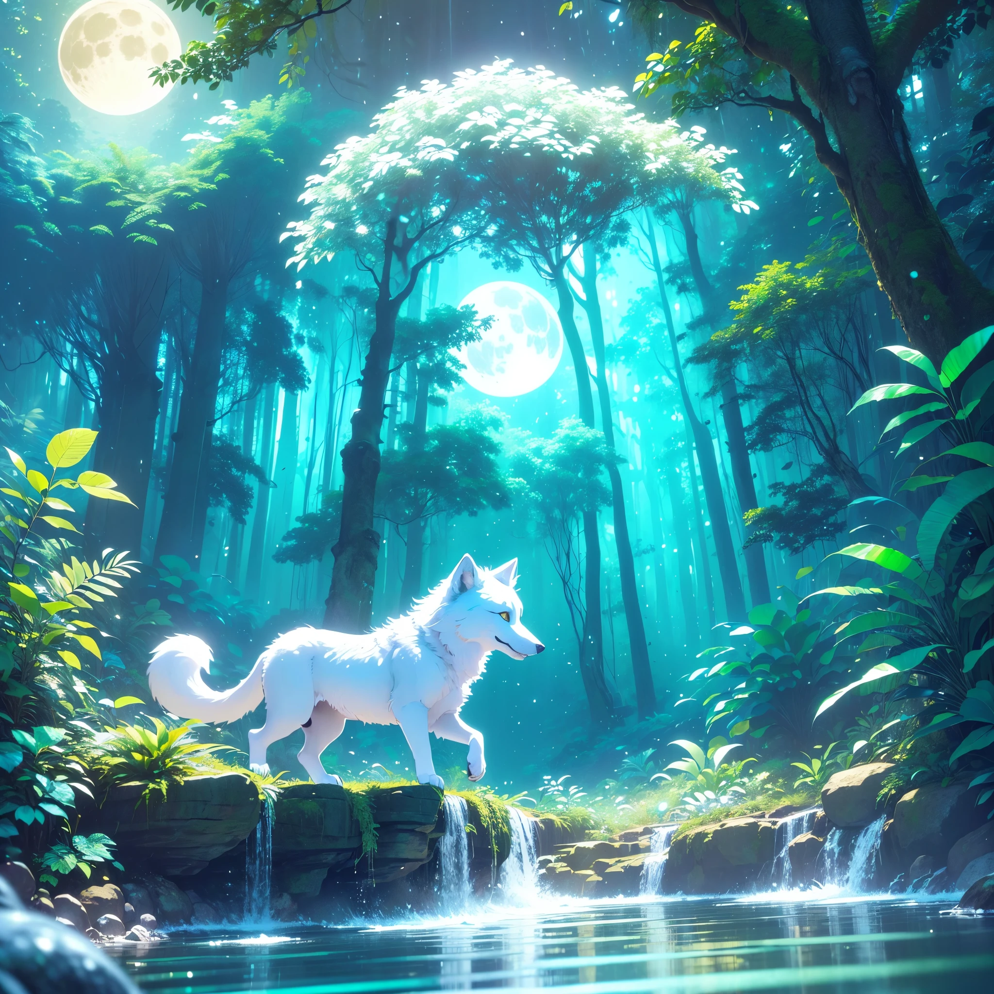 UHD, masterpiece, ccurate, textured skin, best quality, highres, 16k, 1080P，SOLO，（Magical Creature），A cute Jungle sticker, (A cute white wolf has golden eyes)(Furry),a full moon,a deep forest,and a mysterious image. It's night but it's bright