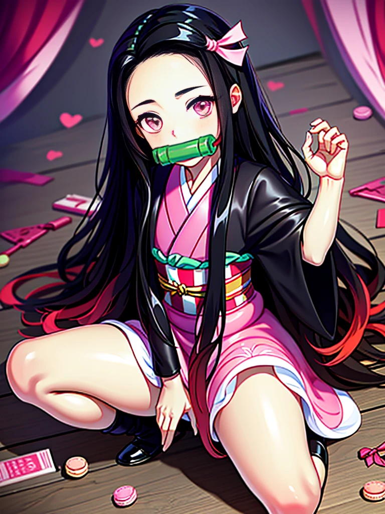 1girl (masterpiece) (highest quality) (shiny hair) (shiny skin), kamado nezuko, demon slayer style, black hair, forehead, hair ribbon, kimono, long hair, multicolored hair, pink eyes, pink kimono, pink ribbon, ribbon, very long hair, gagged, bit gag, (5 years old, : 1.2) (pink cute room), (pink gothic room), (messy room, fairy tale, Macarons, candy, heart items, ribbons, star items, small windows, (sundries are placed in a mess), dresser, anti-makassar, wariza, sitting, squatting, kneeling, between the legs