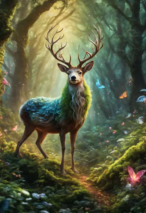 A mysterious enchanted forest, Fantastic animals living in the forest, Fantasy animals, magical world, mysterious creature, Biza...