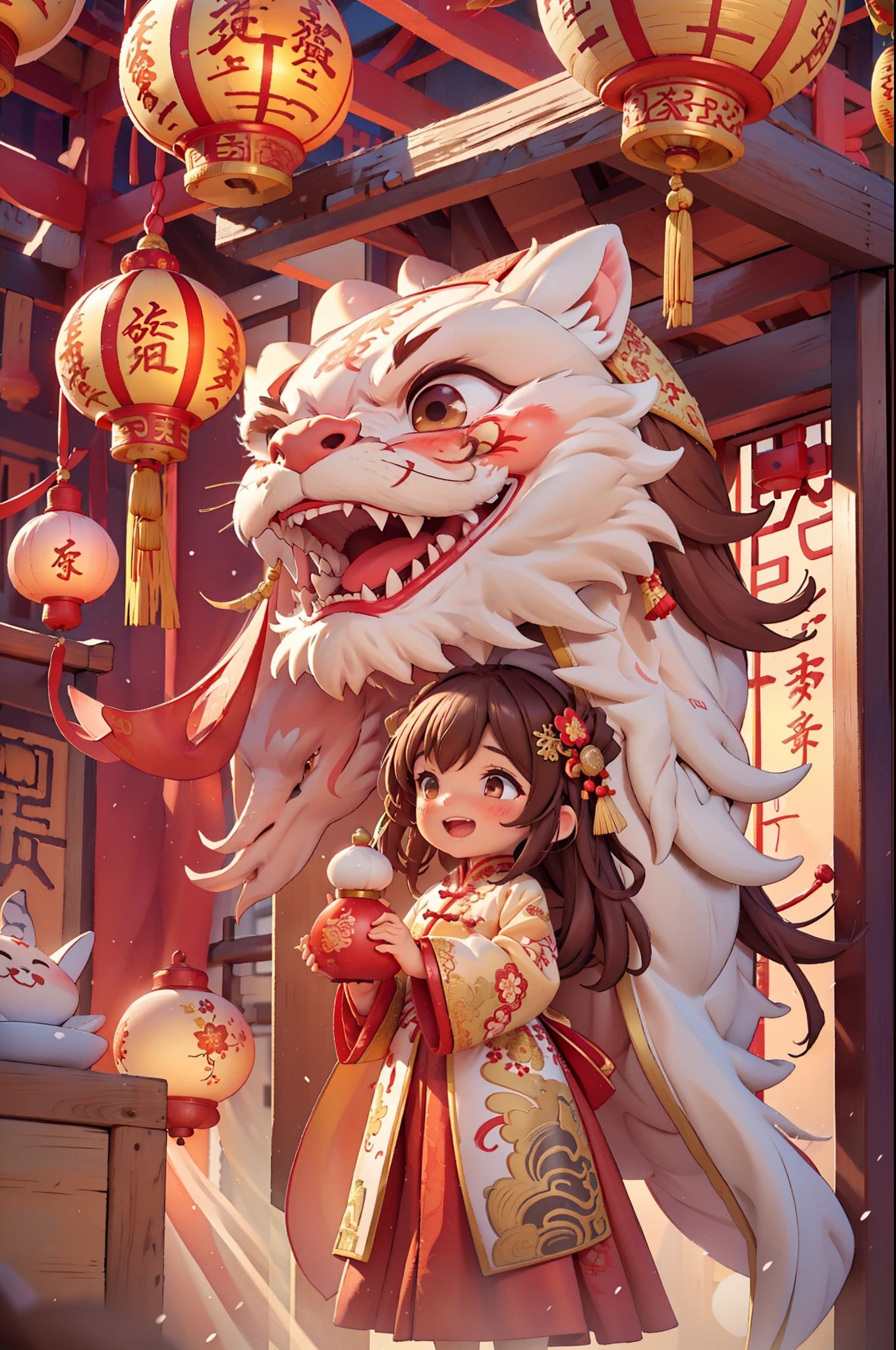 8k,original photo,(masterpiece:1.2),alone,Super detailed,Extremely detailed CG 8k wallpaper,incubation (texture),CNY,1 girl,alone,Wear traditional Chinese clothing to welcome the winter solstice festival, long hair,looking at the audience,blush,Smile,open mouth,simple background,brown hair,hair accessories,Hanfu，long sleeves,skirt,Double tail,brown eyes,Raise your hand,low Double tail,Chinese clothes,red background,Big red lanterns hung high，Holding a wishful ornament，