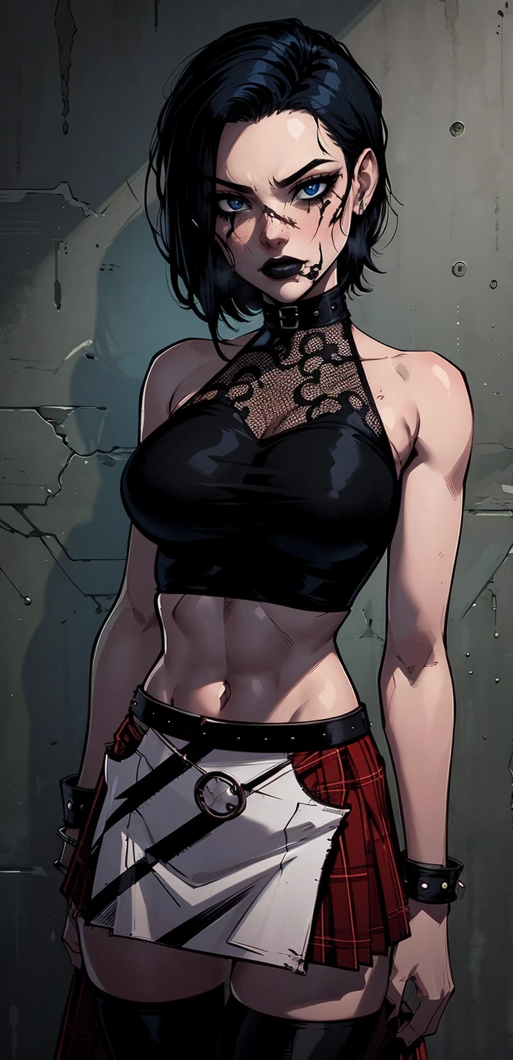 a woman with short black hair, hair on shoulders,  wearing a black cropped  and plaid skirt, blue eyes, zombie art, gothic art, cute aesthetic with vibe, toon aesthetic, wearing red costume, wearing gothic accessories, look like Cassie Hack, upper body, zombie background