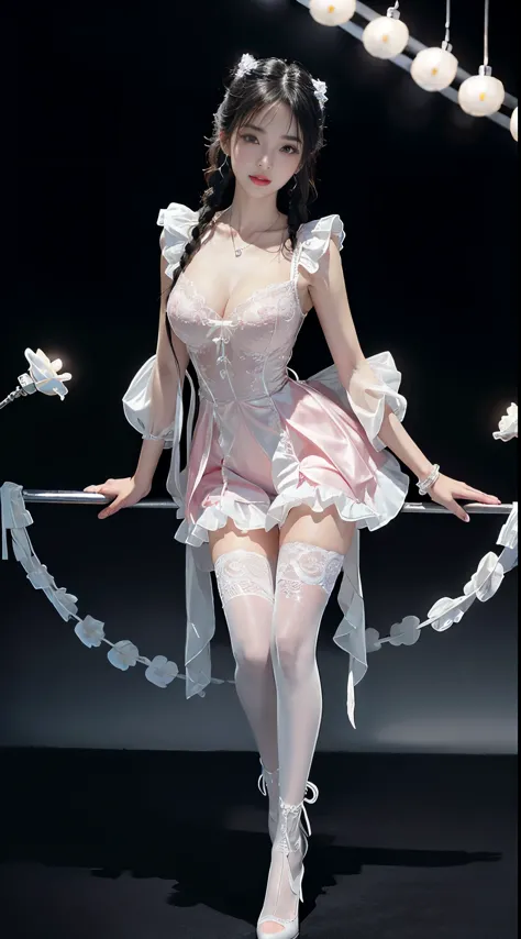 dress,white thighhighs, twin braids, ((full body)), ((from below)), clear face, pretty face, 8k, masterpiece, original photo, best quality, detail:1.2,lifelike, detail, Very detailed, CG, unified, wallpapers, depth of field, movie light, lens flare, Ray tr...