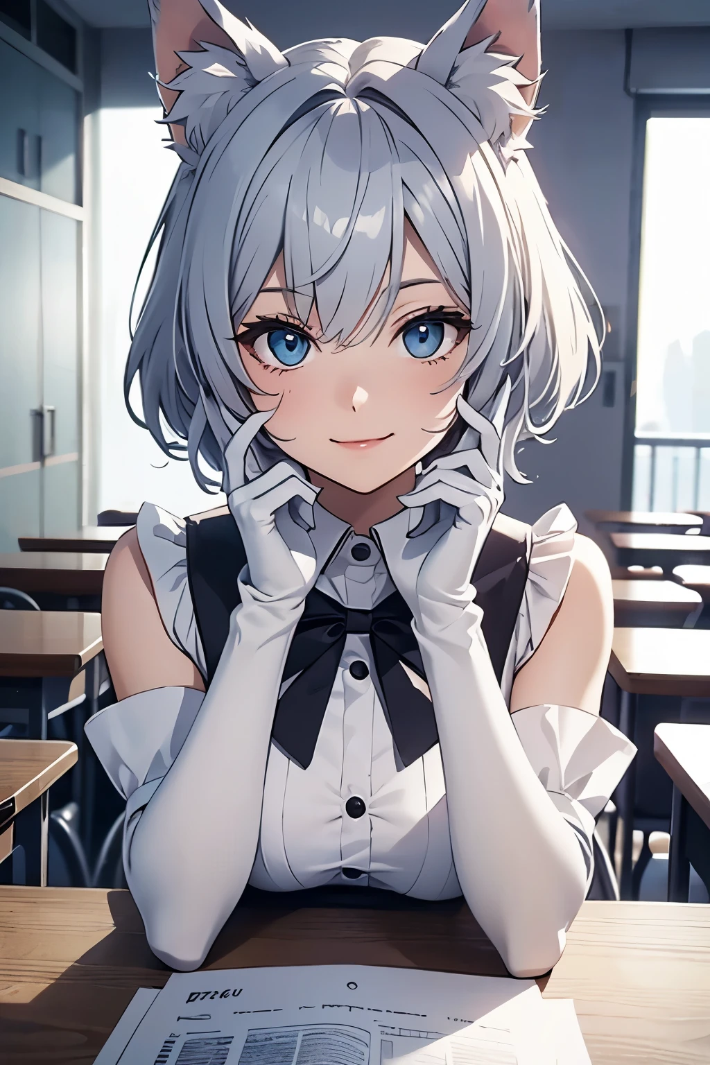 table top　High level image quality　best image quality　8K　 lady（I）　Portrait　white long gloves　white pantyhose　sailor suit（sleeveless）　mini skirt　wolf ears　short hair（（shortcut）（gray hair）（perm）（fluffy））　eye color is blue　Face seducing（（laughter）（smile）（open your mouth））　School　view from below