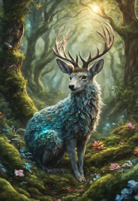 a mysterious enchanted forest, fantastic animals living in the forest, fantasy animals, magical world, mysterious creature, biza...