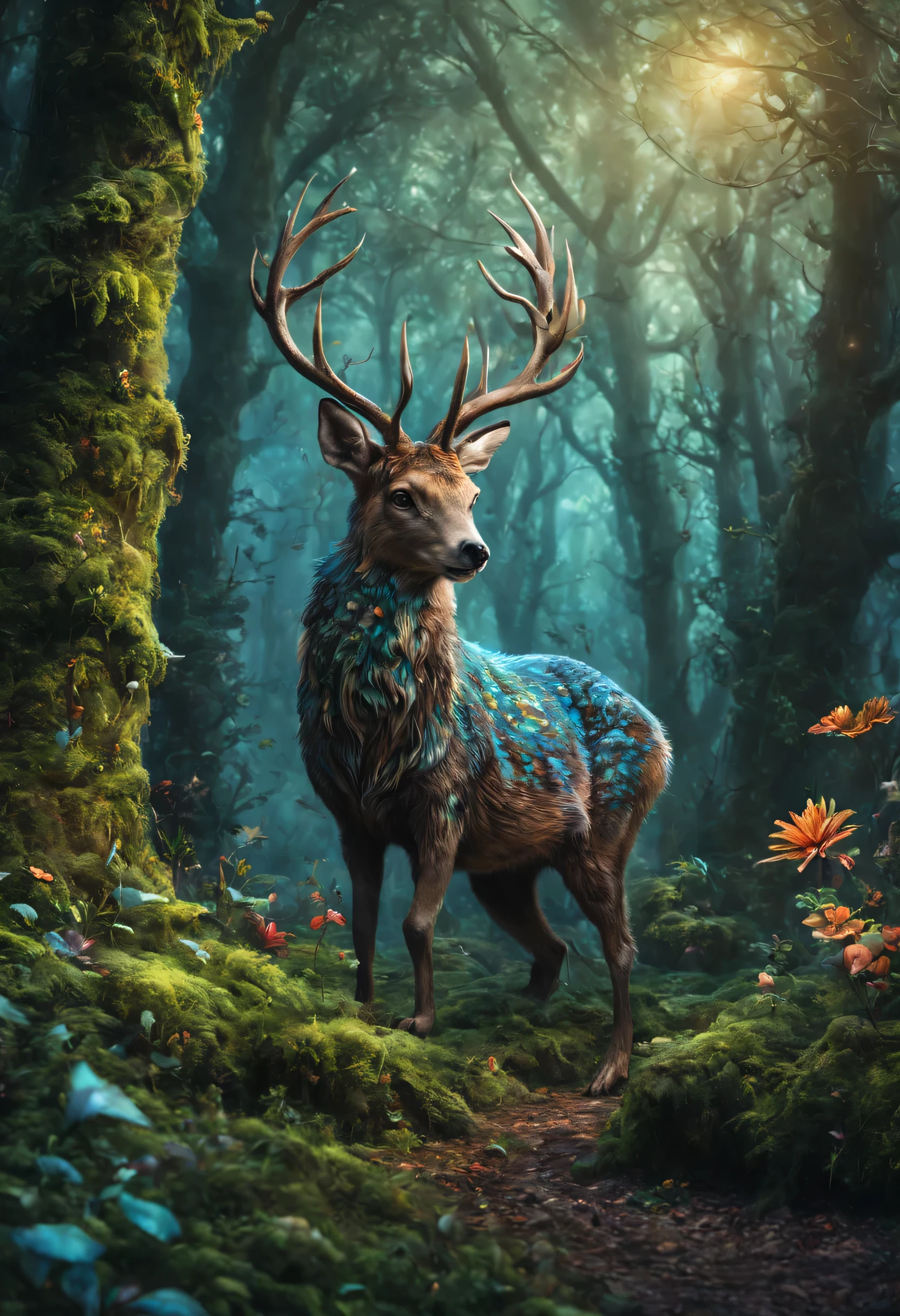 A mysterious enchanted forest, Fantastic animals living in the forest, Fantasy animals, magical world, mysterious creature, Bizarre creatures, Fantasy colors, enchanted forest, Fantasy elements, Fantasy elements, The forest is full of magic, It gives a sense of mystery、dreamy feeling, Charm Aura, (best quality,4K,8k,high resolution,masterpiece:1.2), Super detailed, (actual,photoactual,photo-actual:1.37), enchanted woodland, magical residents, mysterious flora and fauna, Vibrant and whimsical colors, charming elements, Atmospheric magic, fantastic forest scene, surreal environment, Strong sense of surprise and mystery.