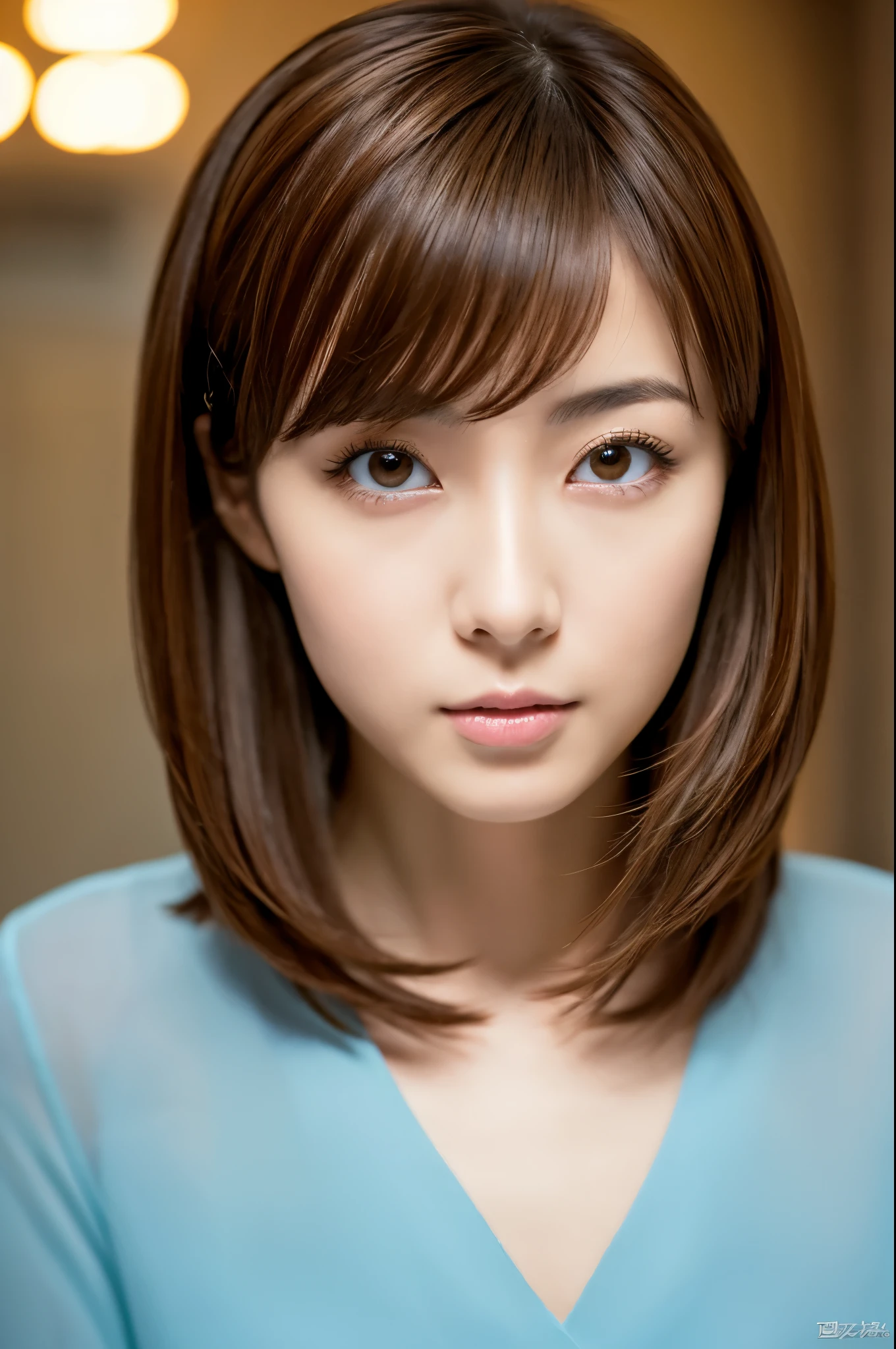 Top quality, realistic, perfect human body structure, very detailed, very delicate and beautiful, RAW photography, professional lighting, luminescence, depth of field, single focal, full body, Skinny Japanese lady, 30 year old lady, brown hair, small head, beautiful eyes, real face, realistic skin, detailed eyes, (fashionable hairstyle:1.3), sexy pose, absurderes, Incredibly Ridiculous res, Extremely fine, Blouse