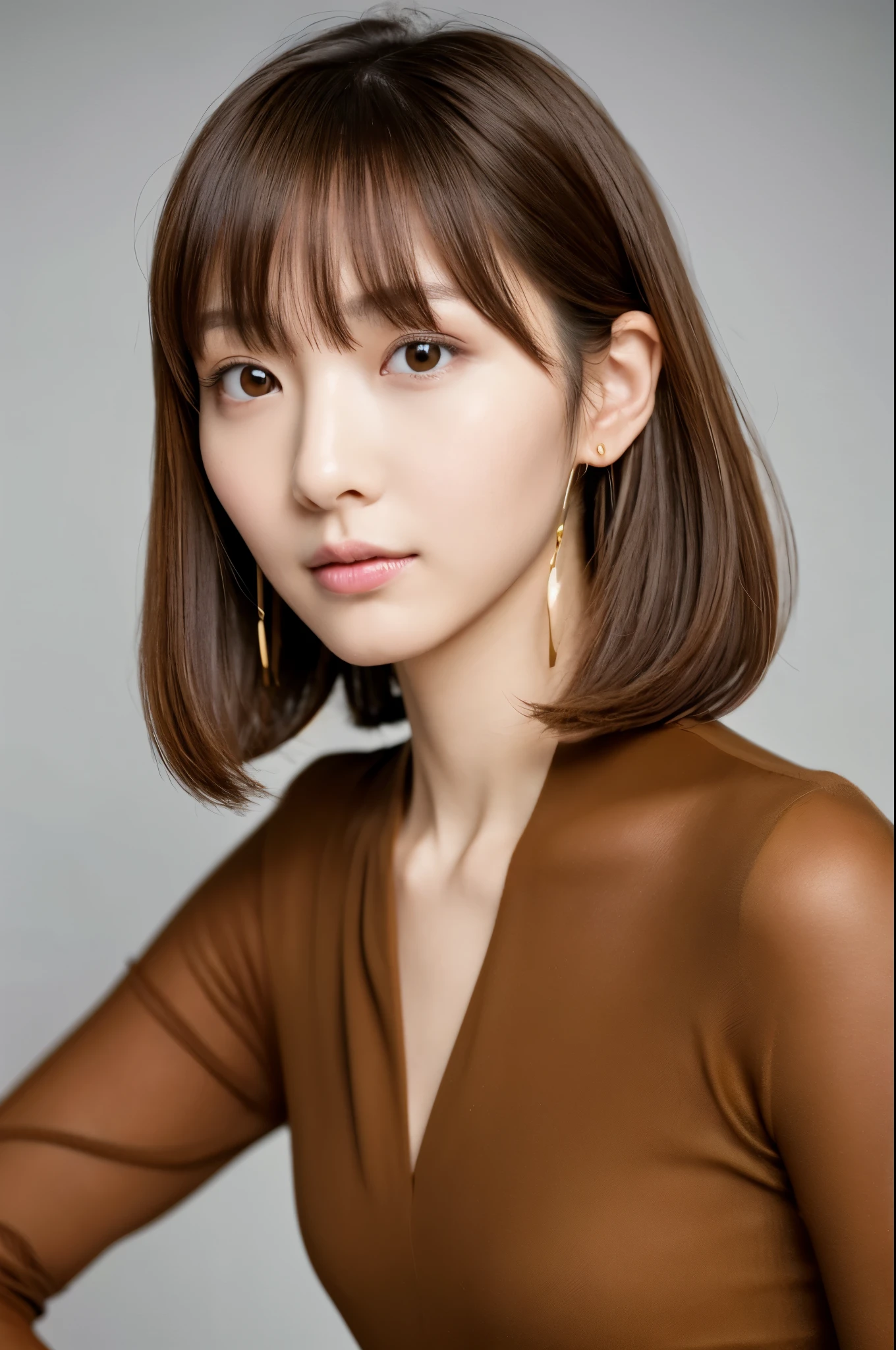 Top quality, realistic, perfect human body structure, very detailed, very delicate and beautiful, RAW photography, professional lighting, luminescence, depth of field, single focal, full body, Skinny Japanese lady, 30 year old lady, brown hair, small head, beautiful eyes, real face, realistic skin, detailed eyes, (fashionable hairstyle:1.3), sexy pose, absurderes, Incredibly Ridiculous res, Extremely fine, Blouse