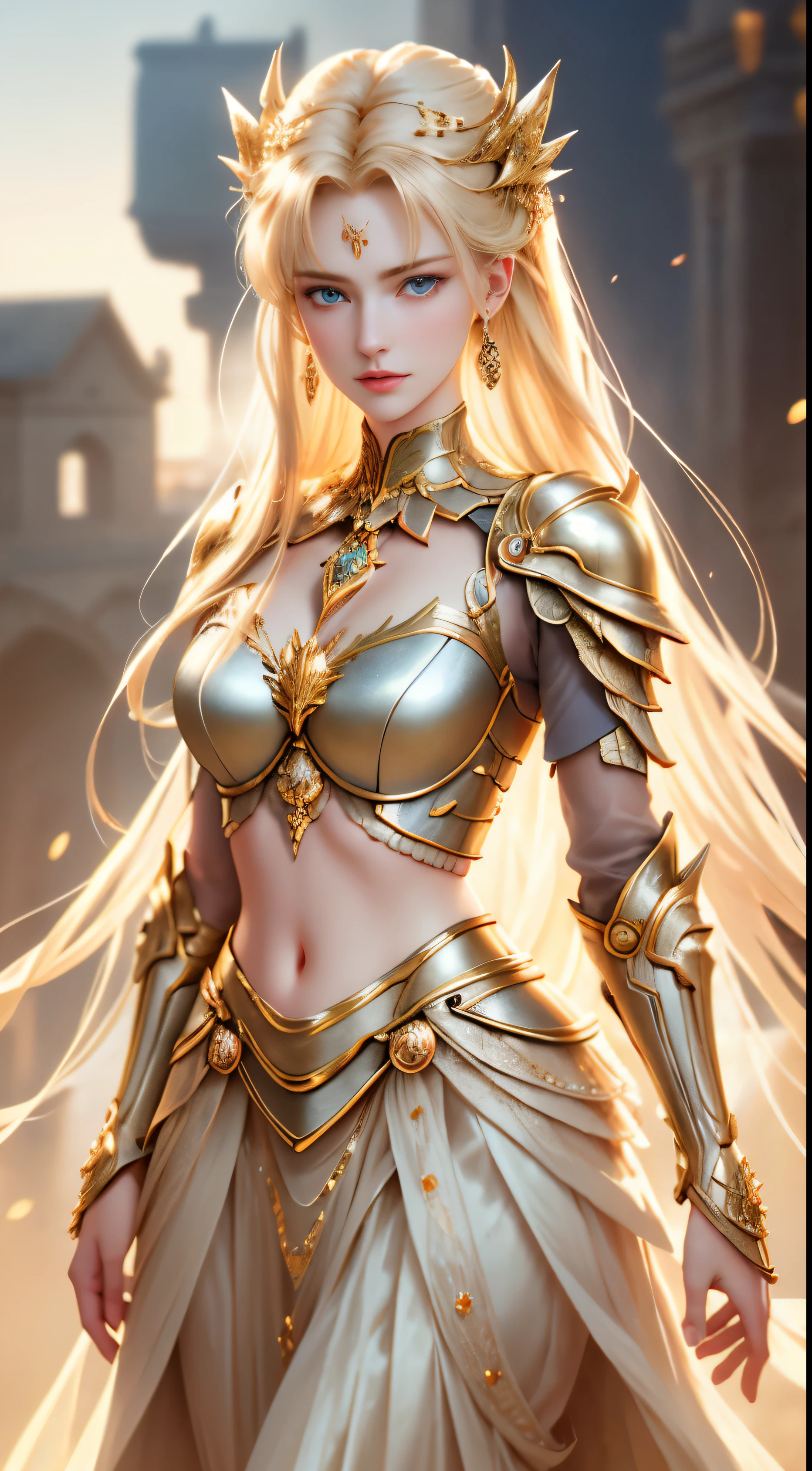 8K  UHD，RAW photo，A woman in silver gold armor，Skirt armor，Handsome girl，long blonde hair，blonde with blue eyes，The face is delicate，Delicate skin，big Full breasts，Crystal clear lips，Slender legs，(Real Human:1.3)，(A high resolution:1.4)，(A detailed:1.5)，(photorealestic:1.7)，RAW photo，Portrait Photogram，Real Human，RAW photo，超A high resolution，Foto realism，best qualtiy，(highdetailskin，skin detailed)，Visible Pore，Shiny skin，tmasterpiece，，finedetail，Colorization，Extremely Delicately Beautiful，Extremely detailed 8k wallpaper，8K high quality，Digital SLR，Girl with beautiful details，(looking at viewert)，professional photograph lighting，Faraway view，Full body photo，in a panoramic view