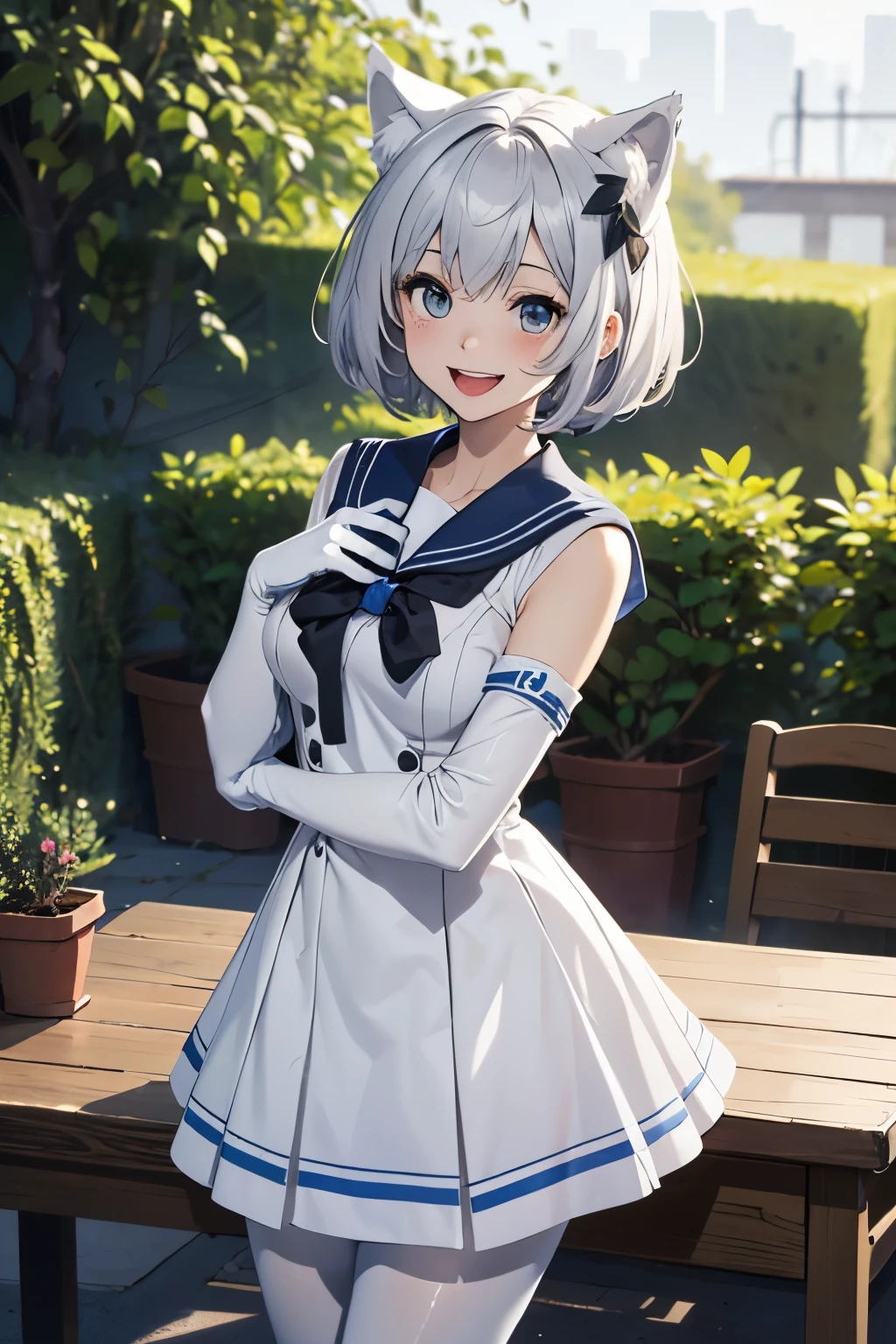 table top　High level image quality　best image quality　8K　 adult woman　Portrait　white long gloves（long gloves）　white pantyhose　sailor suit（sleeveless）　mini skirt　White wolf ears　short hair（（shortcut）（gray hair）（perm）（fluffy））　eye color is blue　Face seducing（（laughter）（smile）（open your mouth））　garden