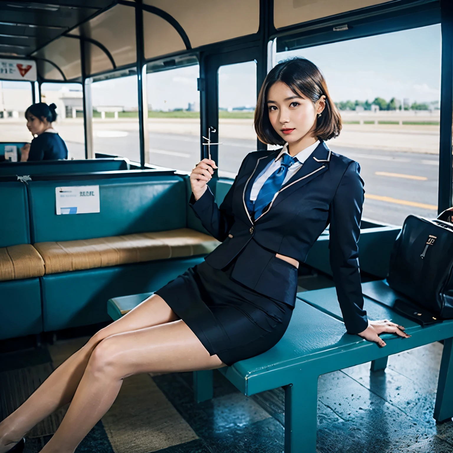 {{adult, Caucasian}}, view viewer, brown eyes, Very detailed, medium breasts, brown hair, airport, Airline stewardess, , Blue blazer, a blue tie, blue skirt, Midskirt, pencil skirt, blue high heels, Cheerful, best quality, high quality, Very detailed的动漫屏幕截图, {{{{Squeeze, multiple girls, Thousands of sisters, Millions of sisters,Billions of sisters, clone, Doppelganger, Match your outfit, Match hairstyle}}}}, Full body female love