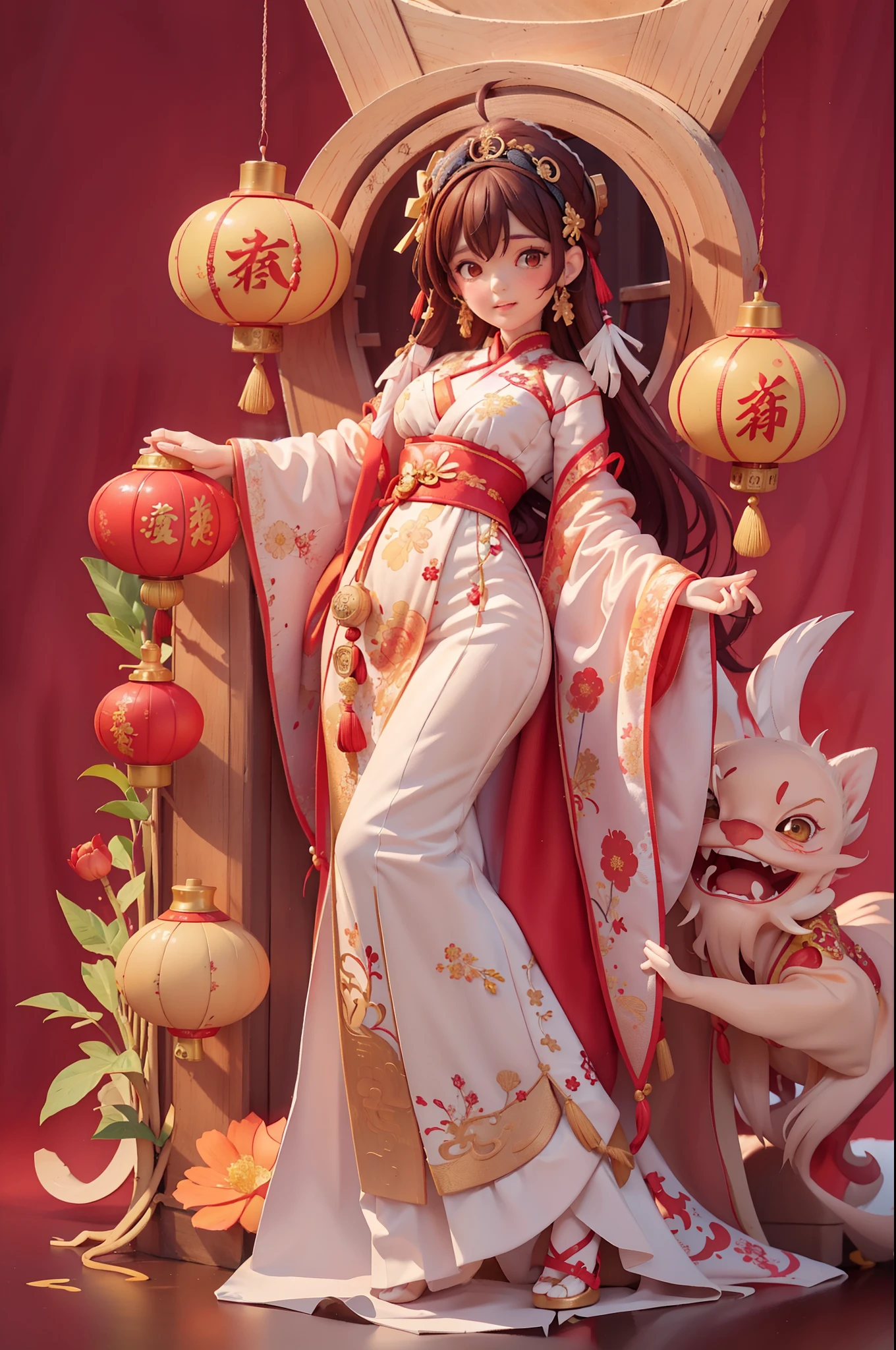 （masterpiece，quality，Best quality，official art，Beauty and aesthetics：1.2），（1 cute girl：1.3），The content is very detailed，alone，CNY,（fractal art：1.1），（a color：1.1）（blooming flowers：1.3），most detailed，（ tangled:1.2), (dynamic poses), (abstract background:1.3), (Chinese fabric:1.2), Hanfu，(skin glowing), (Many colors:1.4), Decorative painting：1.6，），brown hair,hair accessories, light,ink画和ink画，ink，Double tail,Chinese clothes,red background,Big red lanterns hung high，Holding a wishful ornament，