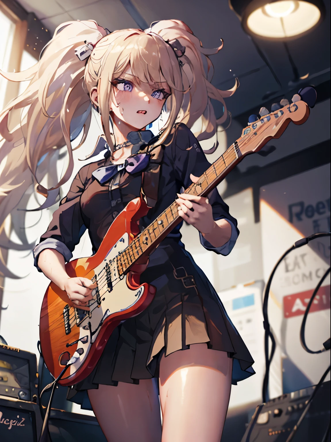 1girl, solo, black skirt, purple eyes, only five fingers, electric guitar, (guitar), holding, holding plectrum, instrument, ponytail, sweating, music, one side up, blonde hair, playing guiter, pleated skirt, purple shirt, indoors