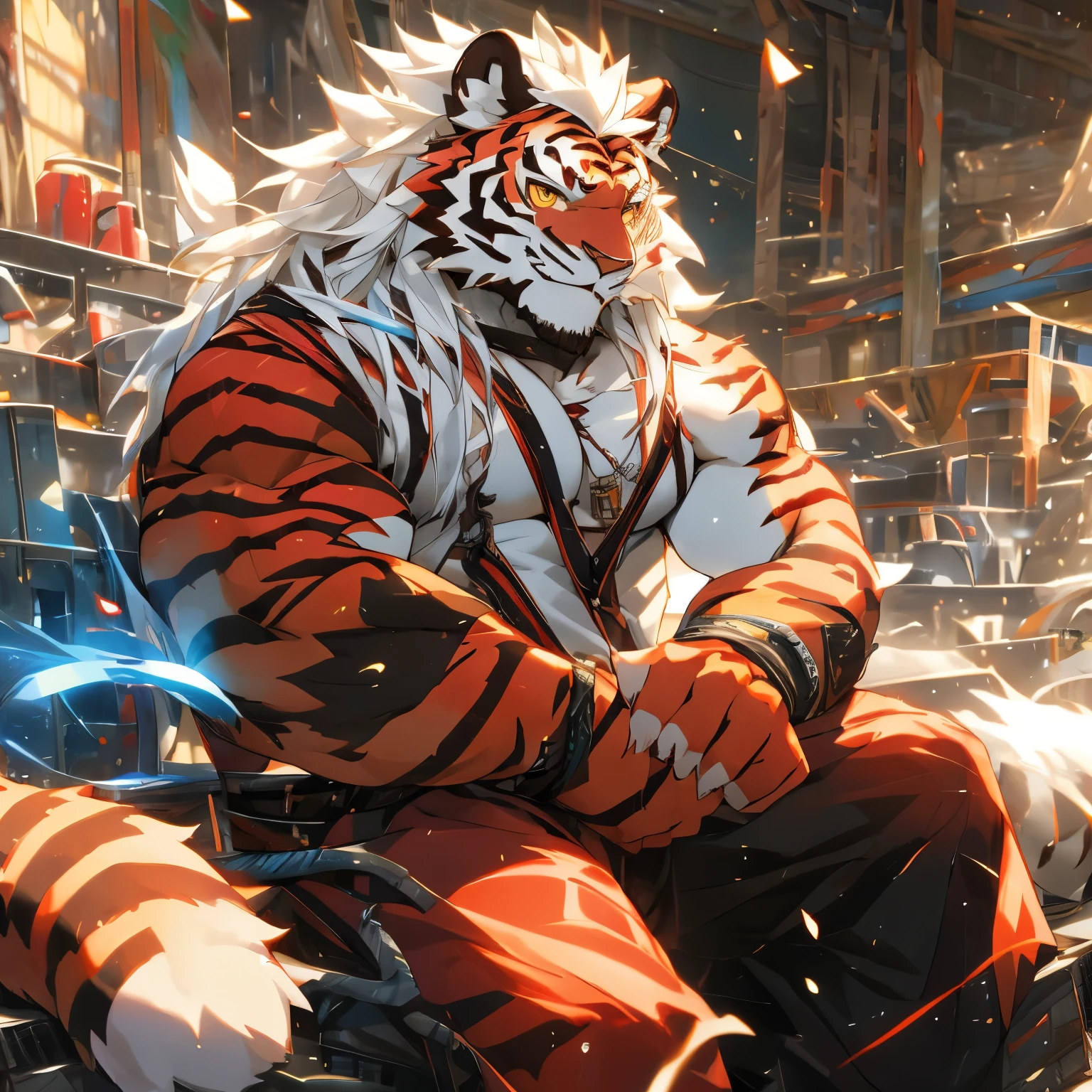 kemono,furry,red tiger,long hair,white hair,white eyebrows, tiger boy,sitting,sunshine, furry boy,furry,particles, blue glowing,detailed background,photorealistic,8k hd,dark shadows, wide dynamic range,1boy,solo,muscular male,hi res,8k hd,extreme detail,detailed background,masterpiece,muscular,muscular anthro,looking at viewer,red fur,red body,tonyhair,white hair,sideburns,wristband,trousers,yellow eyes,tiger eyes,claw,facial hair 