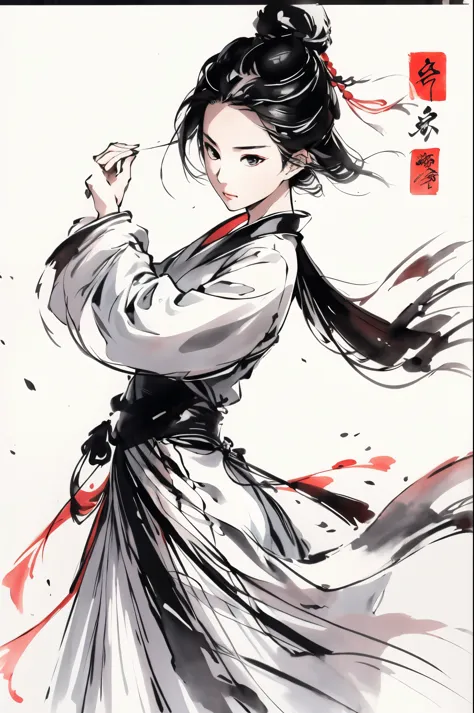 liuyifei, (closeup:1.2), 1girl, Solo, tradition Chinese dress, kungfu pose, Simple background, White background, Ink wind