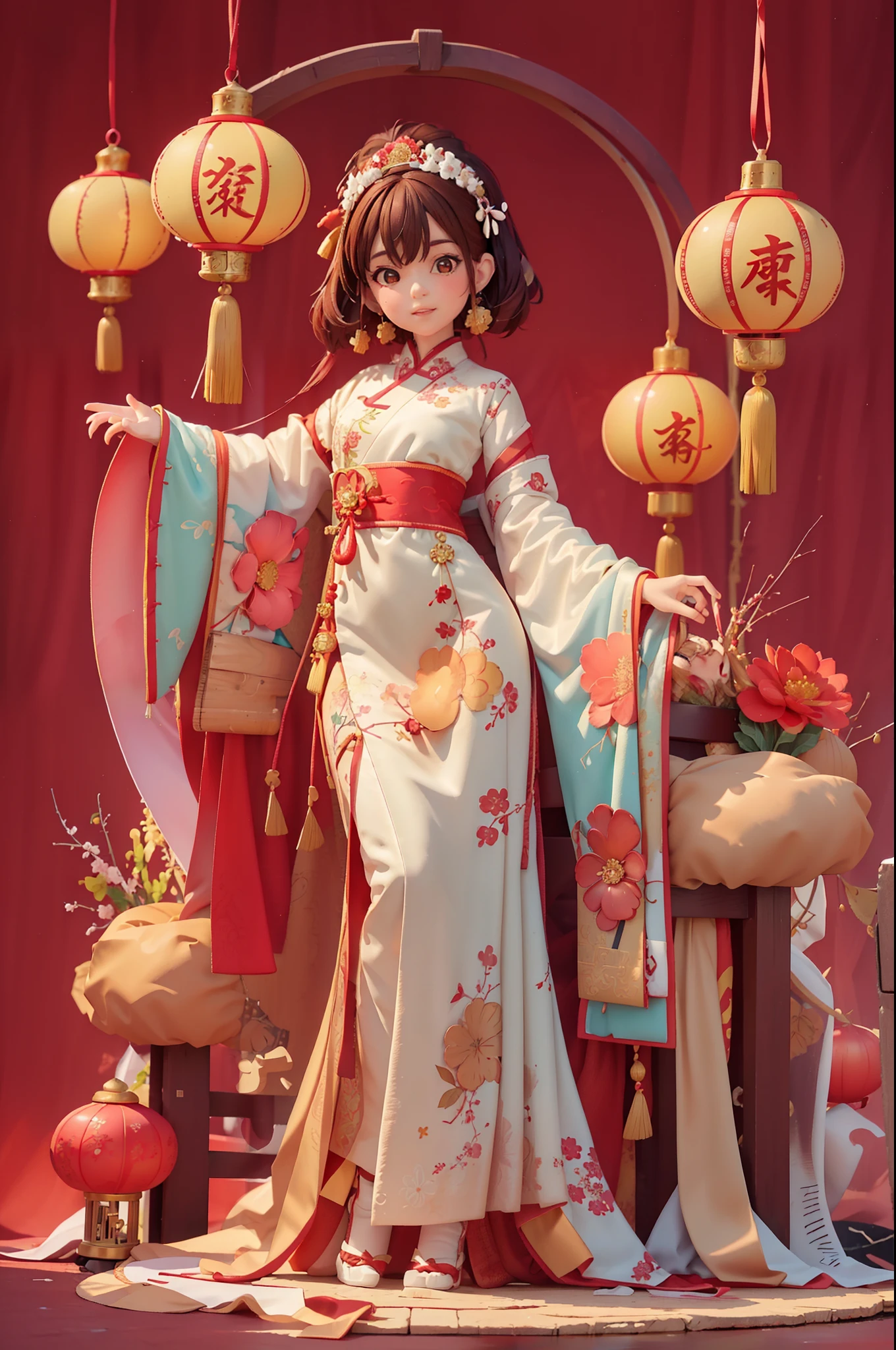 （masterpiece，quality，Best quality，official art，Beauty and aesthetics：1.2），（1 cute girl：1.3），The content is very detailed，alone，CNY,（fractal art：1.1），（a color：1.1）（blooming flowers：1.3），most detailed，（ tangled:1.2), (dynamic poses), (abstract background:1.3), (Chinese fabric:1.2), Hanfu，(skin glowing), (Many colors:1.4), Decorative painting：1.6，），brown hair,hair accessories, light,ink画和ink画，ink，Double tail,Chinese clothes,red background,Big red lanterns hung high，Holding a wishful ornament，