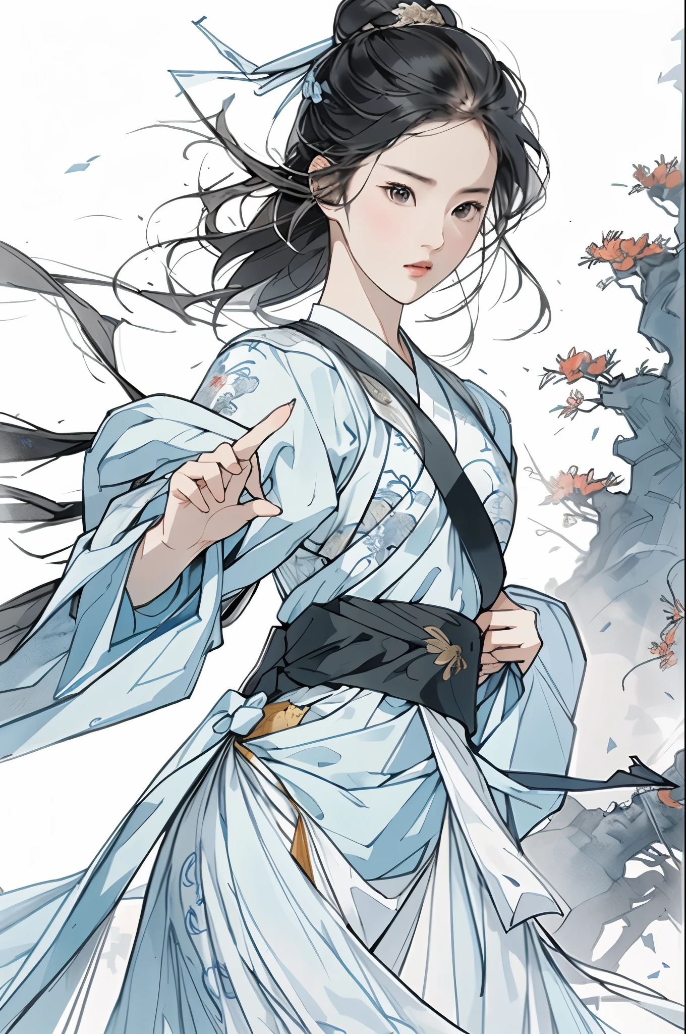 liuyifei, 1 chica, Solo, vestido tradicional chino, pose de kung fu, fondo sencillo, Fondo blanco, Gongbihua