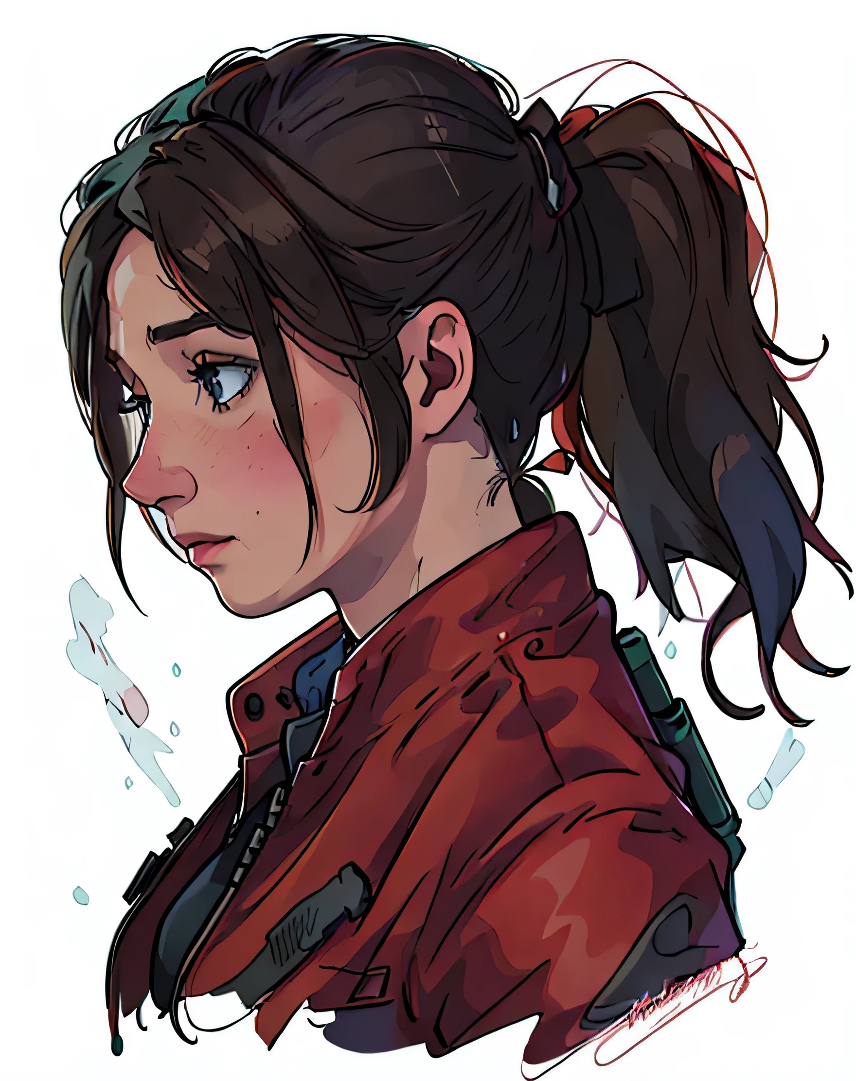 a close up of a person with a ponytail and a red jacket, Aerith Gainsborough, Dark digital art, but detailed, Ellie (last of us), inspired by Magali Villeneuve, graphic artist Magali Villeneuve, admirer of exquisite, highly detailed art, realistic art style, alena aemani digital art, art admirer, retrato de arte de personagem, Ellie from the last of us