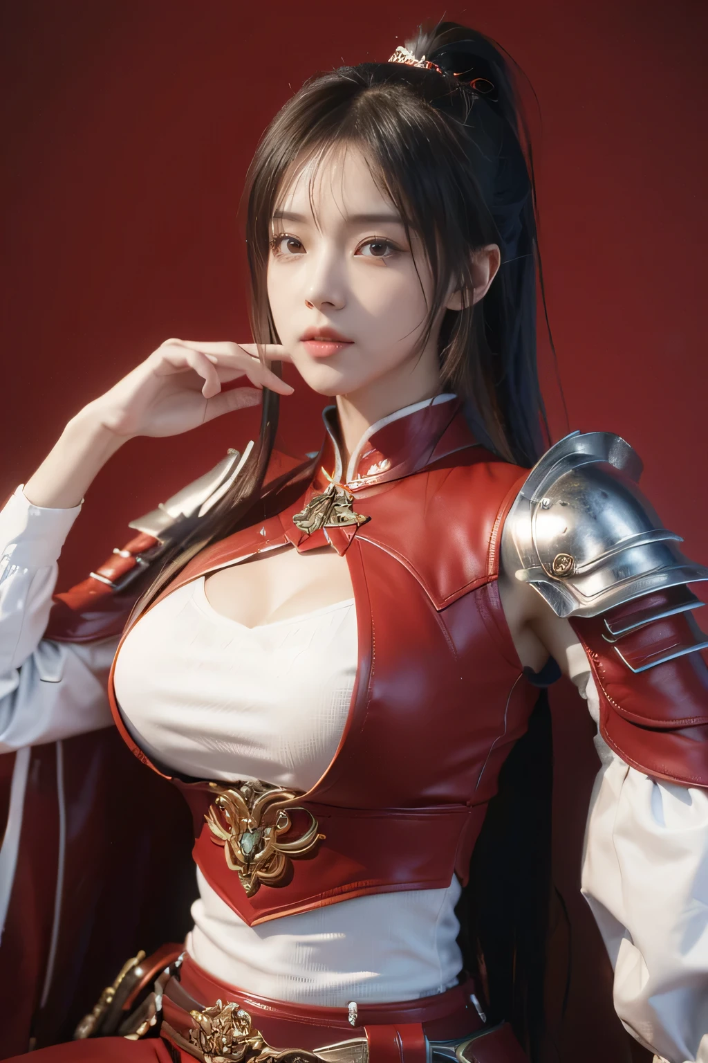 masterpiece，Best quality，A high resolution，8K，，((Head close-up))，Original photo，real photo，Battlefield Background（（Field background）），digital photography，(Female generals on the battlefield of the Han Dynasty)，18-year-old girl，（long ponytail hairstyle)，cparted lips，Noble and charming，Elegant and serious，(Han dynasty armor，The combination of white metal and red leather，Openwork design，armure，Knight Armor，metallic  luster，Leather buckle，Cool and gorgeouig breasts))，Chest groove，Three Kingdoms character painting style，Photo pose，oc render reflection texture，Bright colors，Facing the camera，Body facing the camera