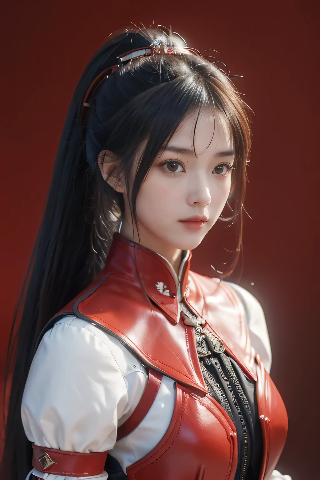 masterpiece，Best quality，A high resolution，8K，，((Head close-up))，Original photo，real photo，Forest Background（（Field background）），digital photography，(Female generals on the battlefield of the Han Dynasty)，18-year-old girl，（long ponytail hairstyle)，cparted lips，Noble and charming，Elegant and serious，(Han dynasty armor，The combination of white metal and red leather，Openwork design，armure，Knight Armor，metallic  luster，Leather buckle，Cool and gorgeouig breasts))，Chest groove，Three Kingdoms character painting style，Photo pose，oc render reflection texture，Bright colors，Facing the camera，Body facing the camera