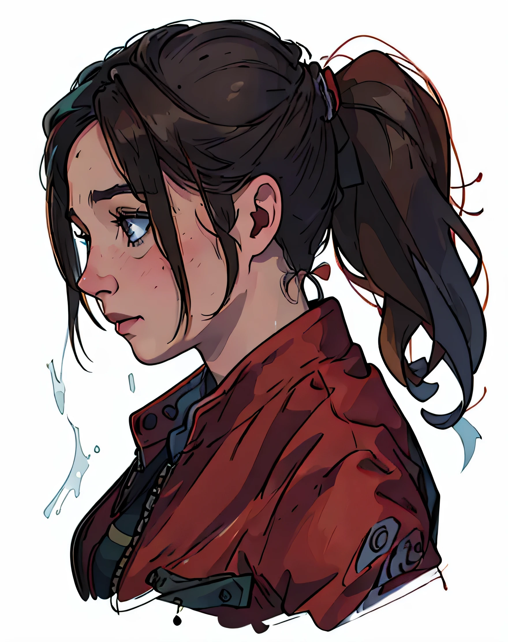 a close up of a person with a ponytail and a red jacket, Aerith Gainsborough, Dark digital art, but detailed, Ellie (last of us), inspired by Magali Villeneuve, graphic artist Magali Villeneuve, admirer of exquisite, highly detailed art, realistic art style, alena aemani digital art, art admirer, retrato de arte de personagem, Ellie from the last of us