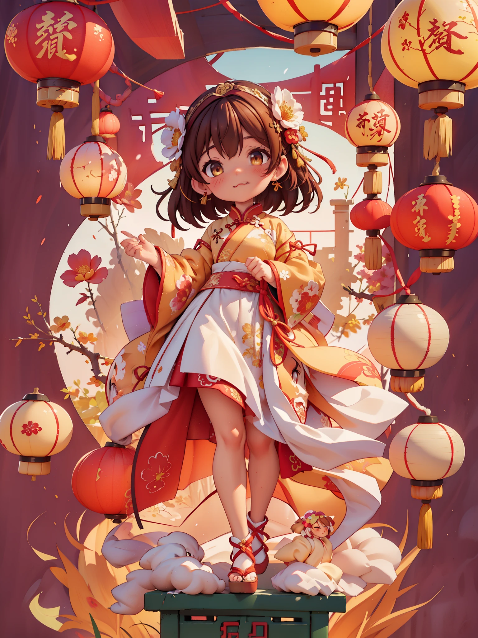 （masterpiece，quality，Best quality，official art，Beauty and aesthetics：1.2），（1 cute girl：1.3），The content is very detailed，alone，CNY,（fractal art：1.1），（a color：1.1）（blooming flowers：1.3），most detailed，（ tangled:1.2), (dynamic poses), (abstract background:1.3), (Chinese fabric:1.2), Hanfu，(skin glowing), (Many colors:1.4), Decorative painting：1.6，），brown hair,hair accessories, light,ink画和ink画，ink，Double tail,Chinese clothes,red background,Big red lanterns hung high，Jade Ruyi，