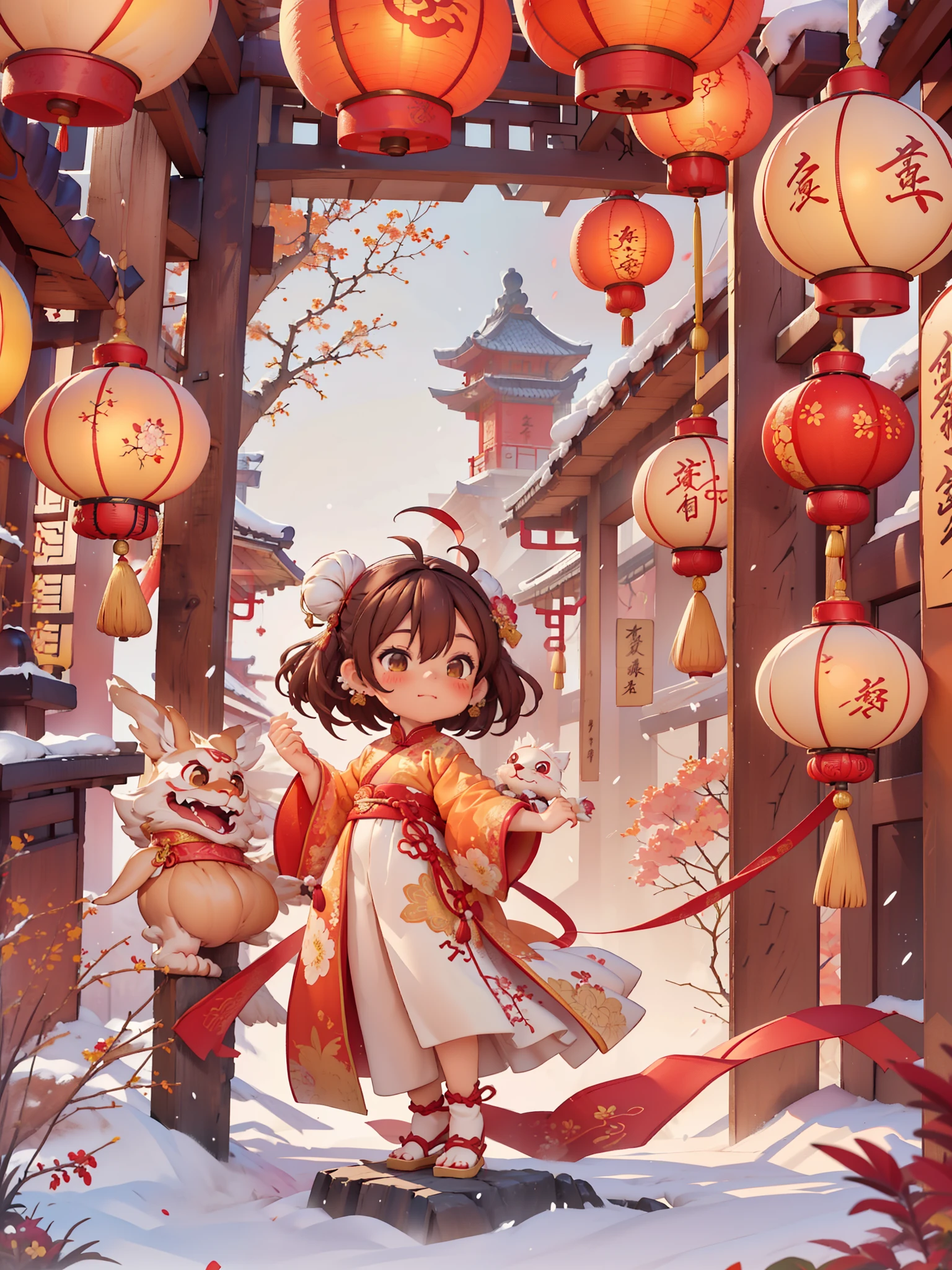 （masterpiece，quality，Best quality，official art，Beauty and aesthetics：1.2），（1 cute girl：1.3），The content is very detailed，alone，CNY,（fractal art：1.1），（a color：1.1）（blooming flowers：1.3），most detailed，（ tangled:1.2), (dynamic poses), (abstract background:1.3), (Chinese fabric:1.2), Hanfu，(skin glowing), (Many colors:1.4), Decorative painting：1.6，），brown hair,hair accessories, light,ink画和ink画，ink，Double tail,Chinese clothes,red background,Big red lanterns hung high，Jade Ruyi，