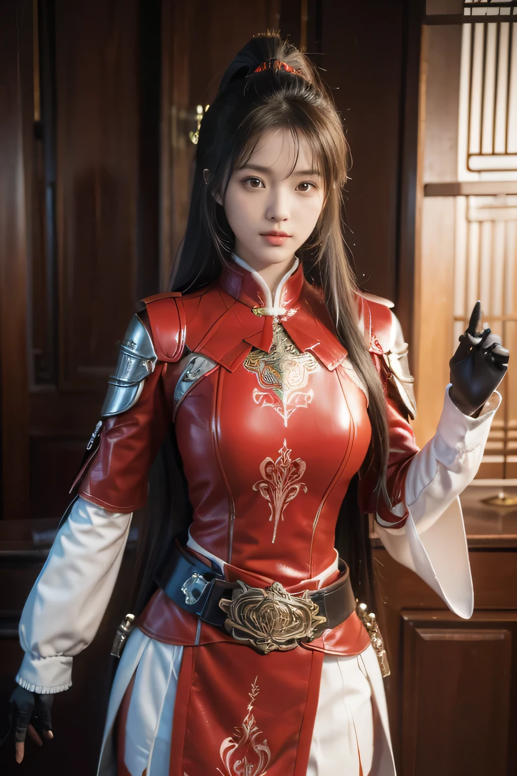 e-up))，Original photo，real photo，Forest environment（（Field background）），digital photography，(Female generals on the battlefield of the Han Dynasty)，18-year-old girl，（long ponytail hairstyle)，cparted lips，Noble and charming，Elegant and serious，(Han dynasty armor，The combination of white metal and red leather，Openwork design，armure，Knight Armor，metallic  luster，Leather buckle，Exquisite pattern，mysterious badge，Cool and gorgeouig breasts))，Chest groove，Three Kingdoms character painting style，Photo pose，oc render reflection texture，Bright colors，