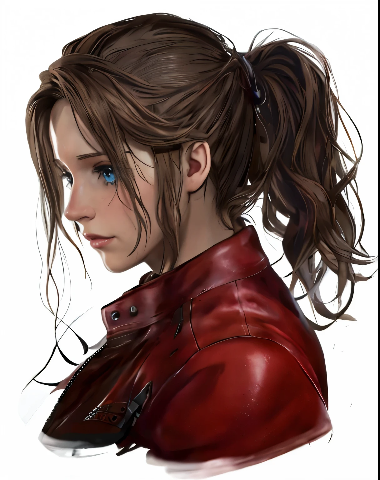 un gros plan d&#39;une personne avec une queue de cheval et une veste rouge, Aerith Gainsborough, Art numérique sombre, mais détaillé, Ellie (le dernier d&#39;entre nous), inspiré par Magali Villeneuve, Graphiste Magali Villeneuve, highly detailed exquisite admirateur d&#39;art, style artistique réaliste, Alena Aemani Art numérique, admirateur d&#39;art, portrait artistique de personnage, Ellie from the le dernier d&#39;entre nous