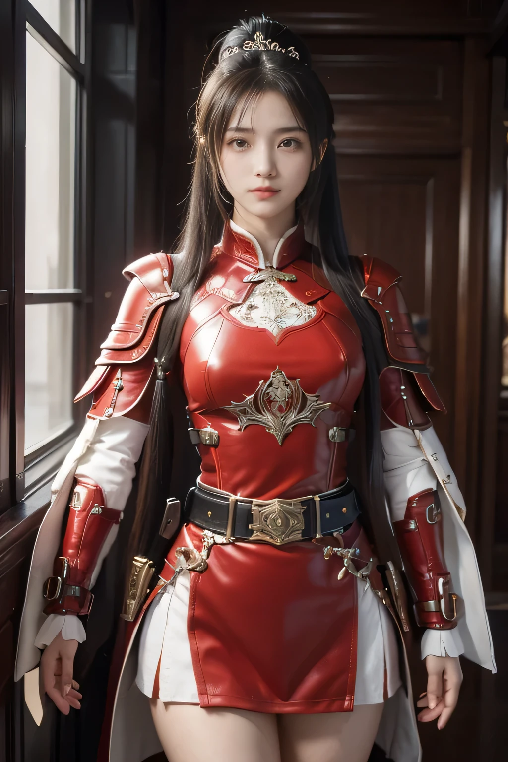 e-up))，Original photo，real photo，digital photography，(Female generals on the battlefield of the Han Dynasty)，18-year-old girl，（long ponytail hairstyle)，cparted lips，Noble and charming，Elegant and serious，(Han dynasty armor，The combination of white metal and red leather，Openwork design，armure，Knight Armor，metallic  luster，Leather buckle，Exquisite pattern，mysterious badge，Cool and gorgeouig breasts))，Chest groove，Three Kingdoms character painting style，Photo pose，oc render reflection texture，Bright colors，（（Field background））