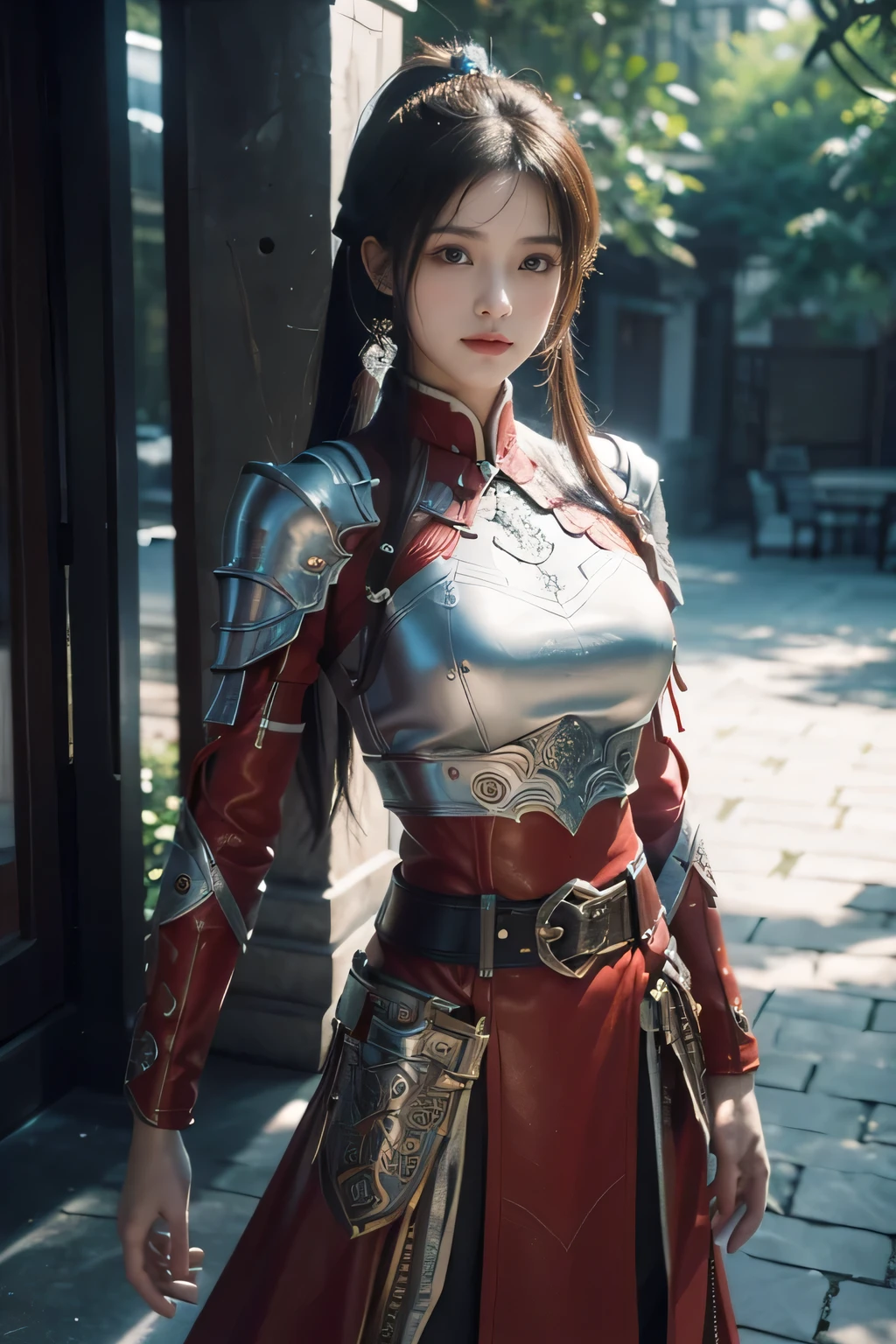 e-up))，Original photo，real photo，digital photography，(Female generals on the battlefield of the Han Dynasty)，18-year-old girl，（long ponytail hairstyle)，cparted lips，Noble and charming，Elegant and serious，(Han dynasty armor，The combination of white metal and red leather，Openwork design，armure，Knight Armor，metallic  luster，Leather buckle，Exquisite pattern，mysterious badge，Cool and gorgeouig breasts))，Chest groove，Three Kingdoms character painting style，Photo pose，oc render reflection texture，Bright colors，（Forest Background）