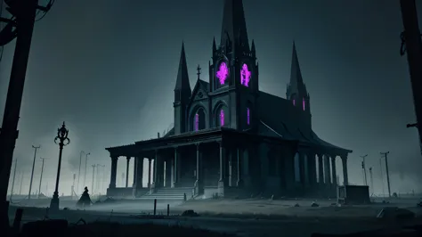 goth church, dark place, fog, cyber horror, digital horror, heavy goth, cyberpunk, neon