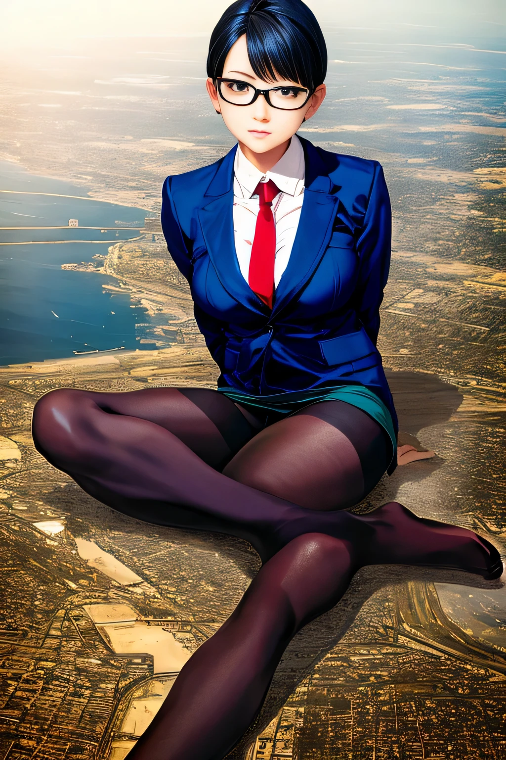 Giantの芸術, 非常に詳細なGiantショット, Giant, short hair, A high school girl who is much bigger than a skyscraper, wearing rimless glasses, big breasts, big ass, navy blue blazer, red tie, mini skirt, black pantyhose, pantyhose barefoot, very small metropolis, miniature metropolis, crush the big city, full body description, ＧＴＳ, ギガGiant, Stomping City, crash city, Small town, micro city, High resolution, highest quality, masterpiece, 